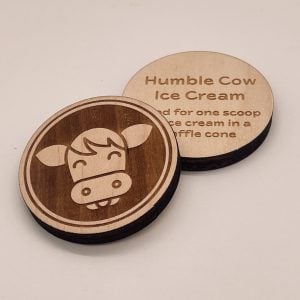 good for one scoop custom engraved round wood token