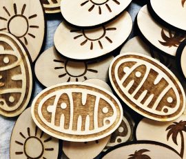 camp custom shaped wood tokens