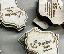 custom wooden beer and bar coins drink chips anchor bay bar and grill